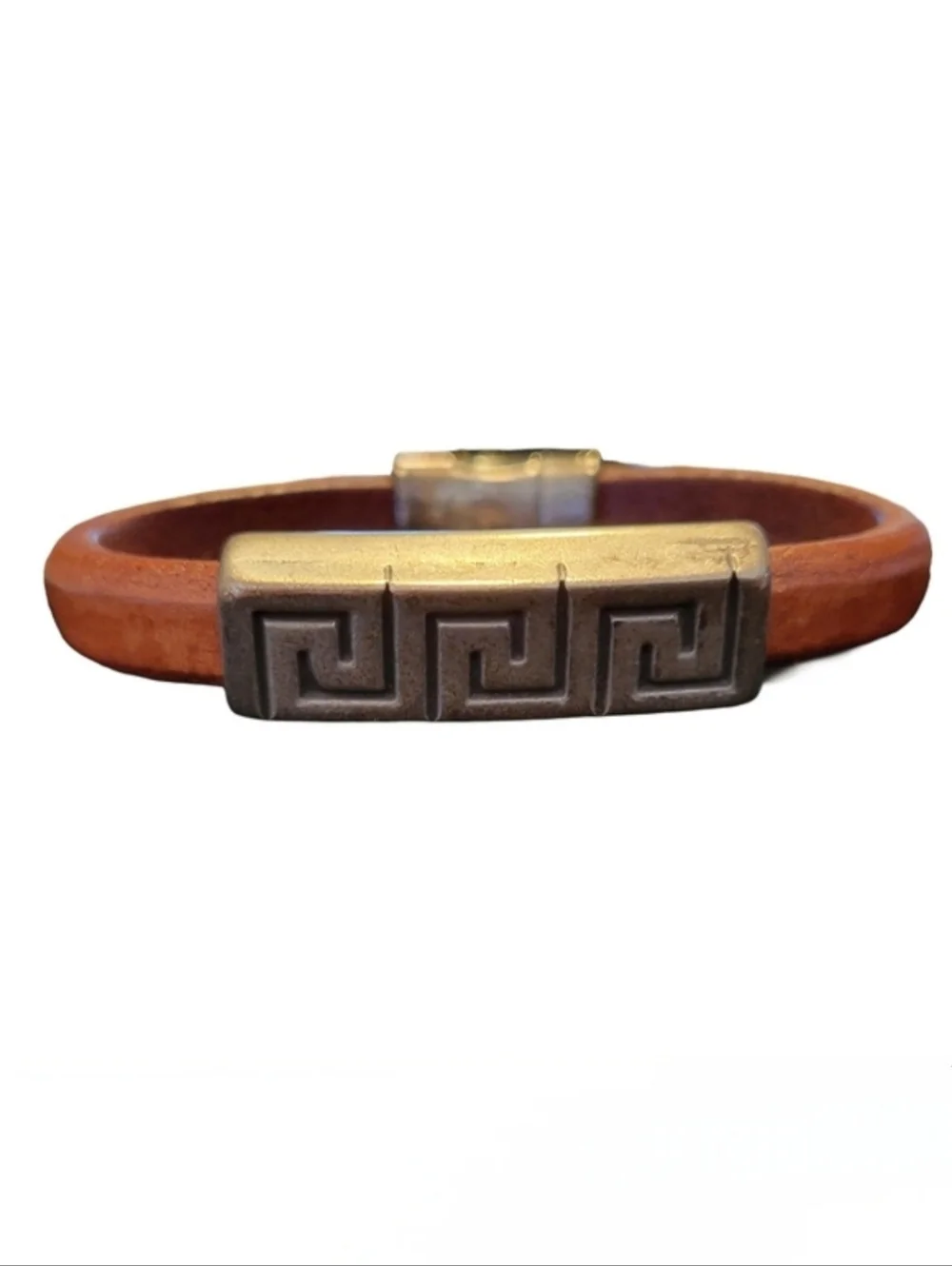 Brown Leather Greek Key Meander Magnetic Closure Cuff Bracelet OS